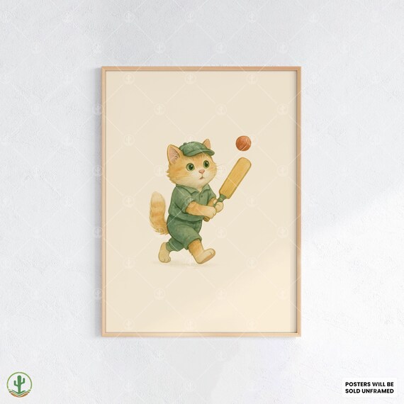 Cute Kitten Playing Cricket Green Uniform Watercolor Kids Sports Poster