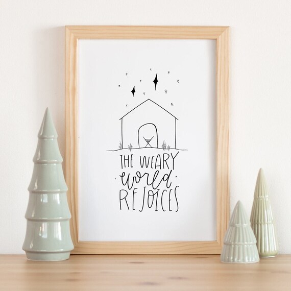 The Weary World Rejoices Nativity Minimal Line Art Christmas Poster