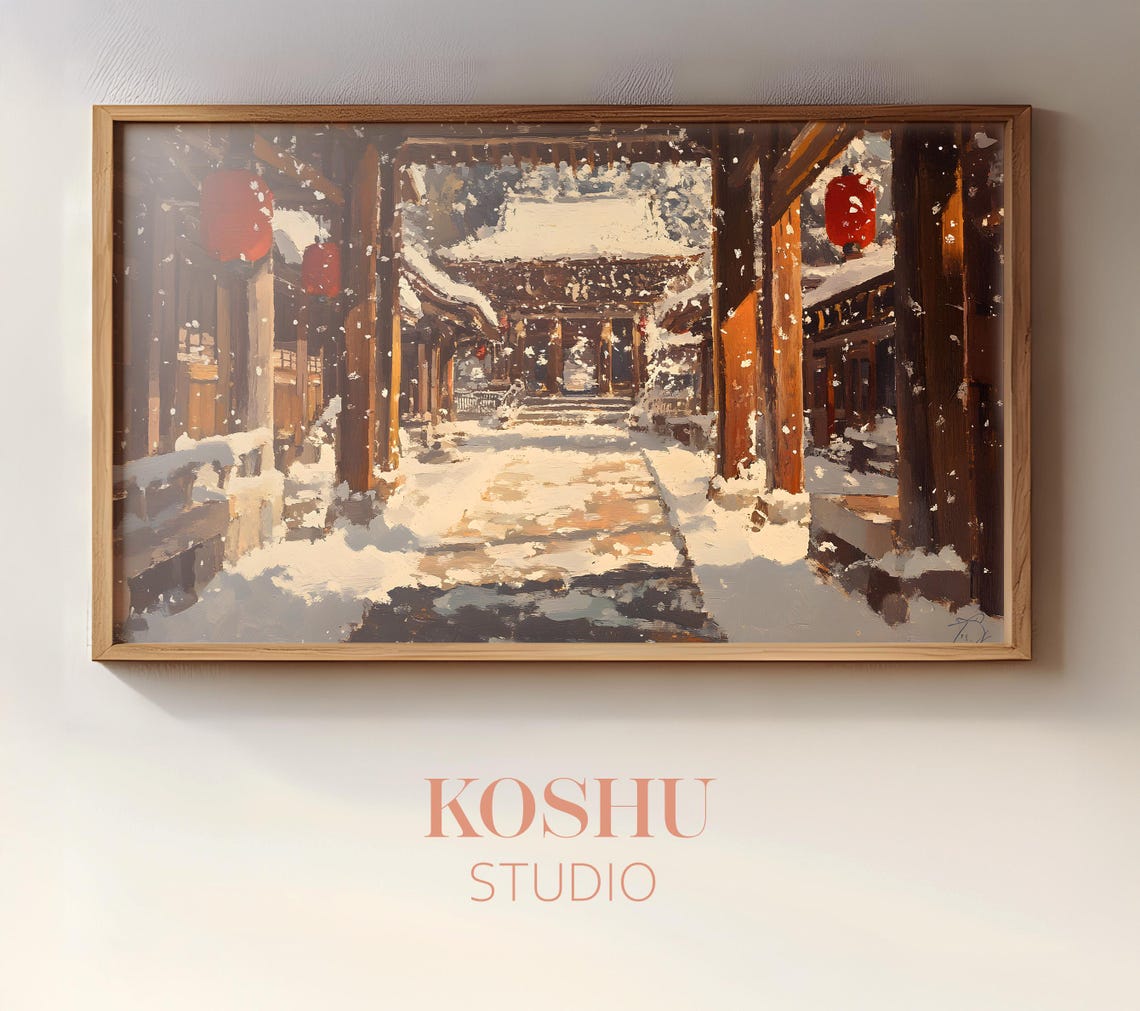 Snowy Temple Corridor with Red Lanterns Japanese Courtyard Poster