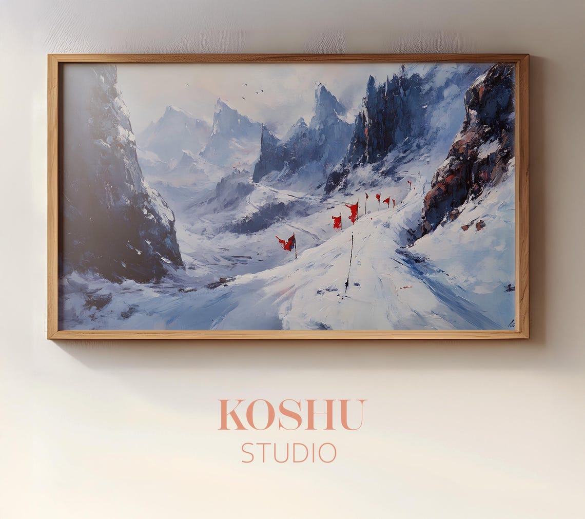 Windblown Snowy Mountain Pass with Red Trail Flags Alpine Poster