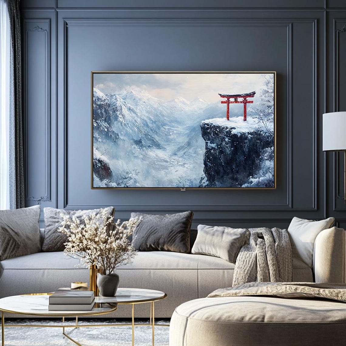 Solitary Red Torii Gate on a Snowy Cliff Overlooking Peaks Poster - Image 2