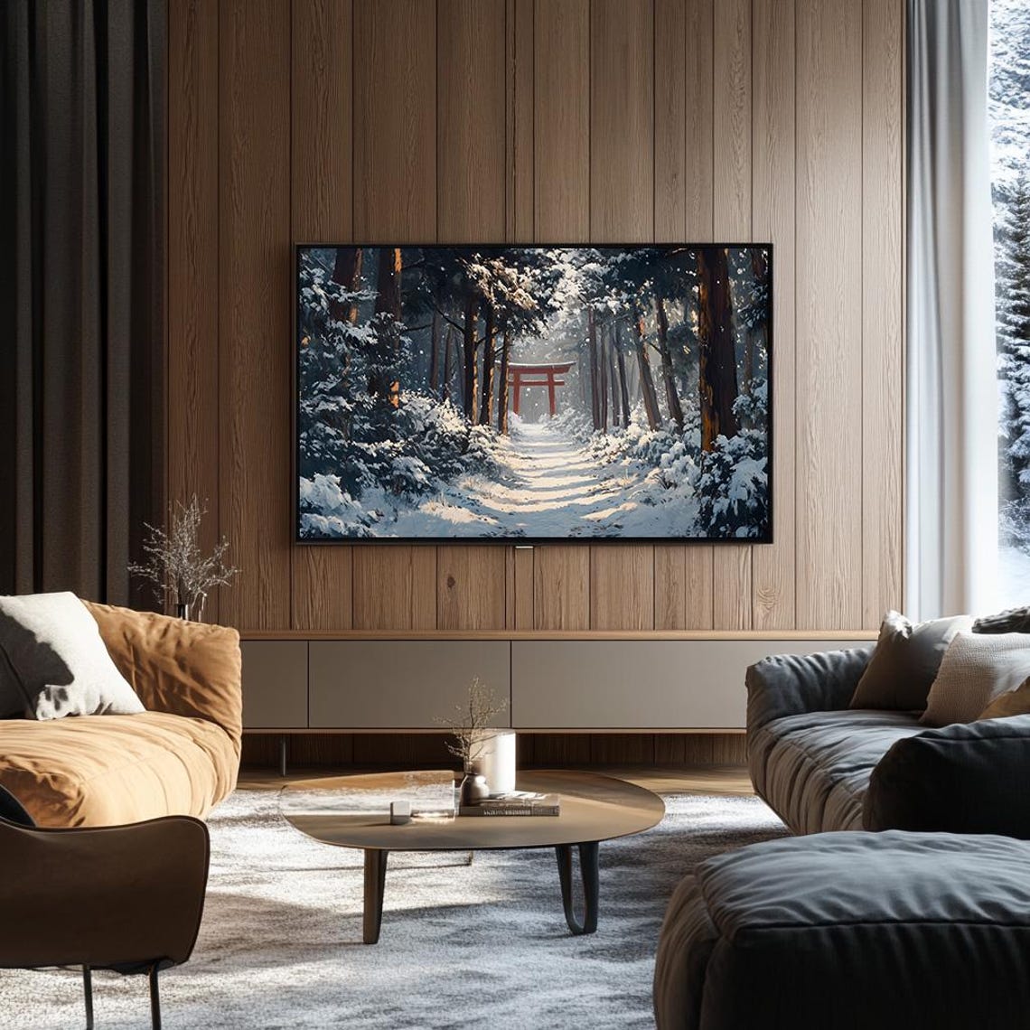 Red Torii Gate on a Snowy Forest Path Japanese Winter Art Poster - Image 3