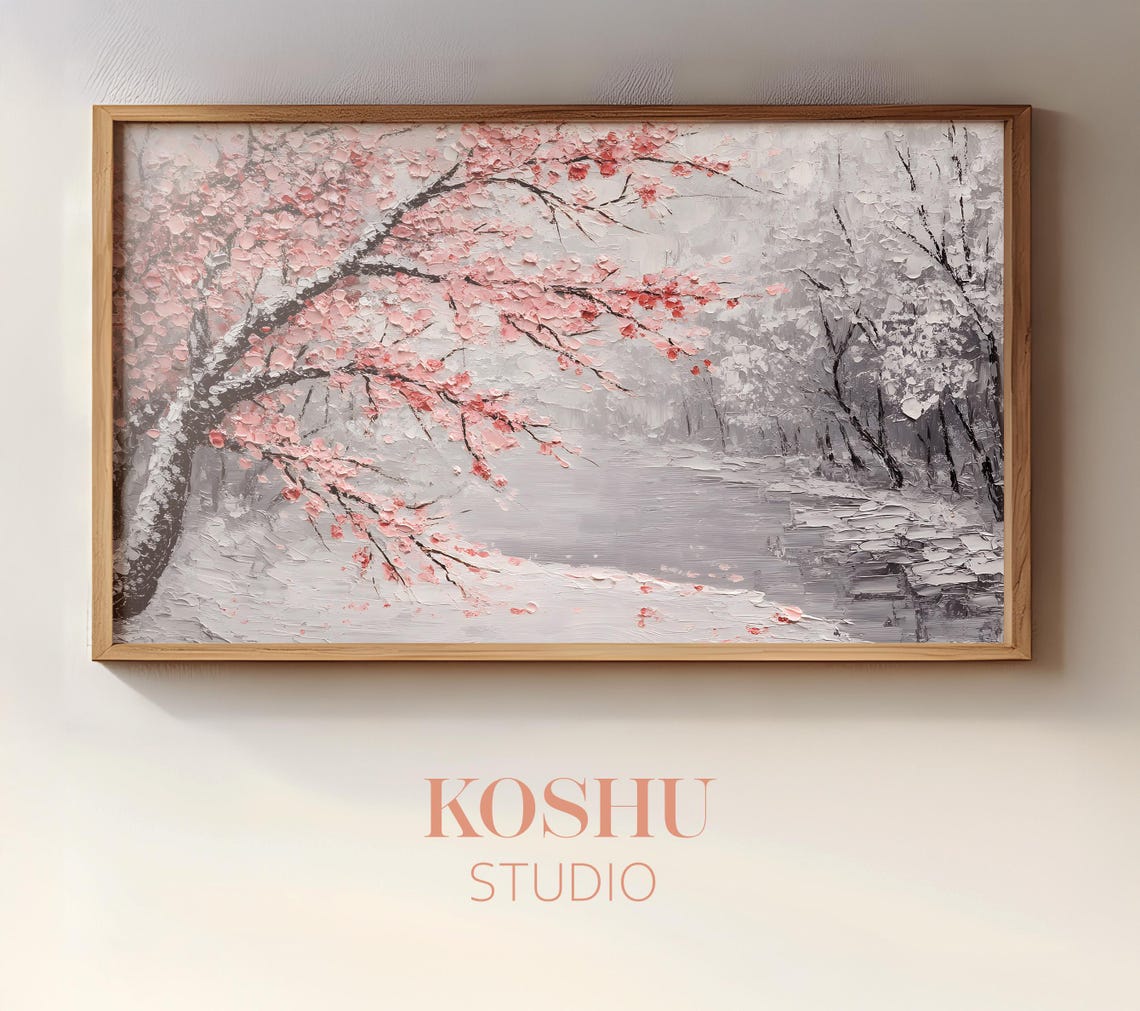 Cherry Blossom Branch Over a Snowy River Japanese Art Poster