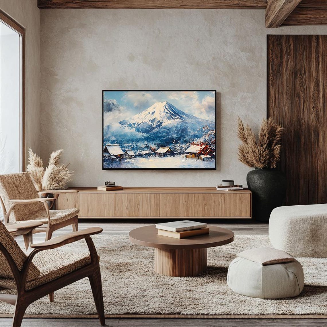 Mount Fuji Above a Snowy Village Japanese Winter Art Painting Poster - Image 4