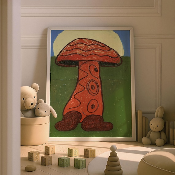 Giant Red Mushroom Crayon Kids Art Whimsical Nursery Room Poster