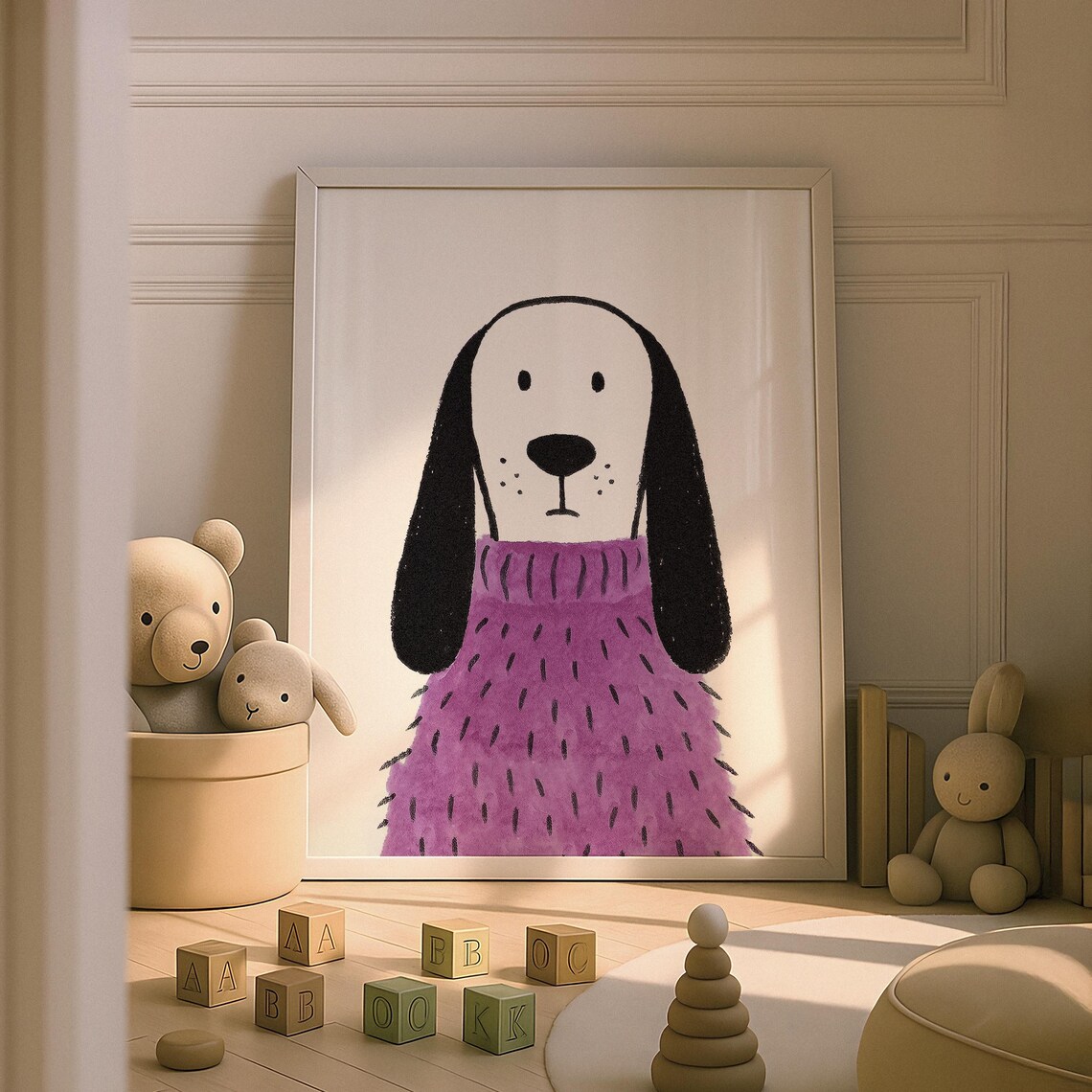 Cute Dog Wearing Purple Sweater Whimsical Nursery Kids Room Poster