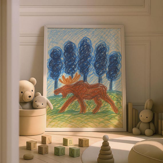 Cute Moose Nursery Wall Art Print Baby Animal Prints Wild Theme Kids Room Decor