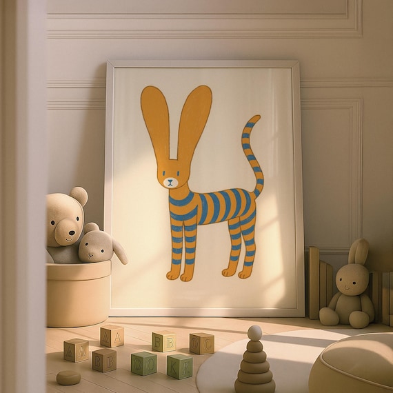 Orange Dog Long Ears Blue Stripes Quirky Nursery Kids Room Art Poster