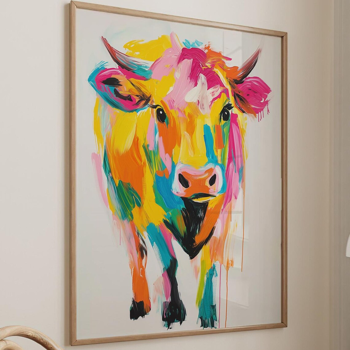 Colorful Pop Art Cow Painting Bright Abstract Animal Wall Art