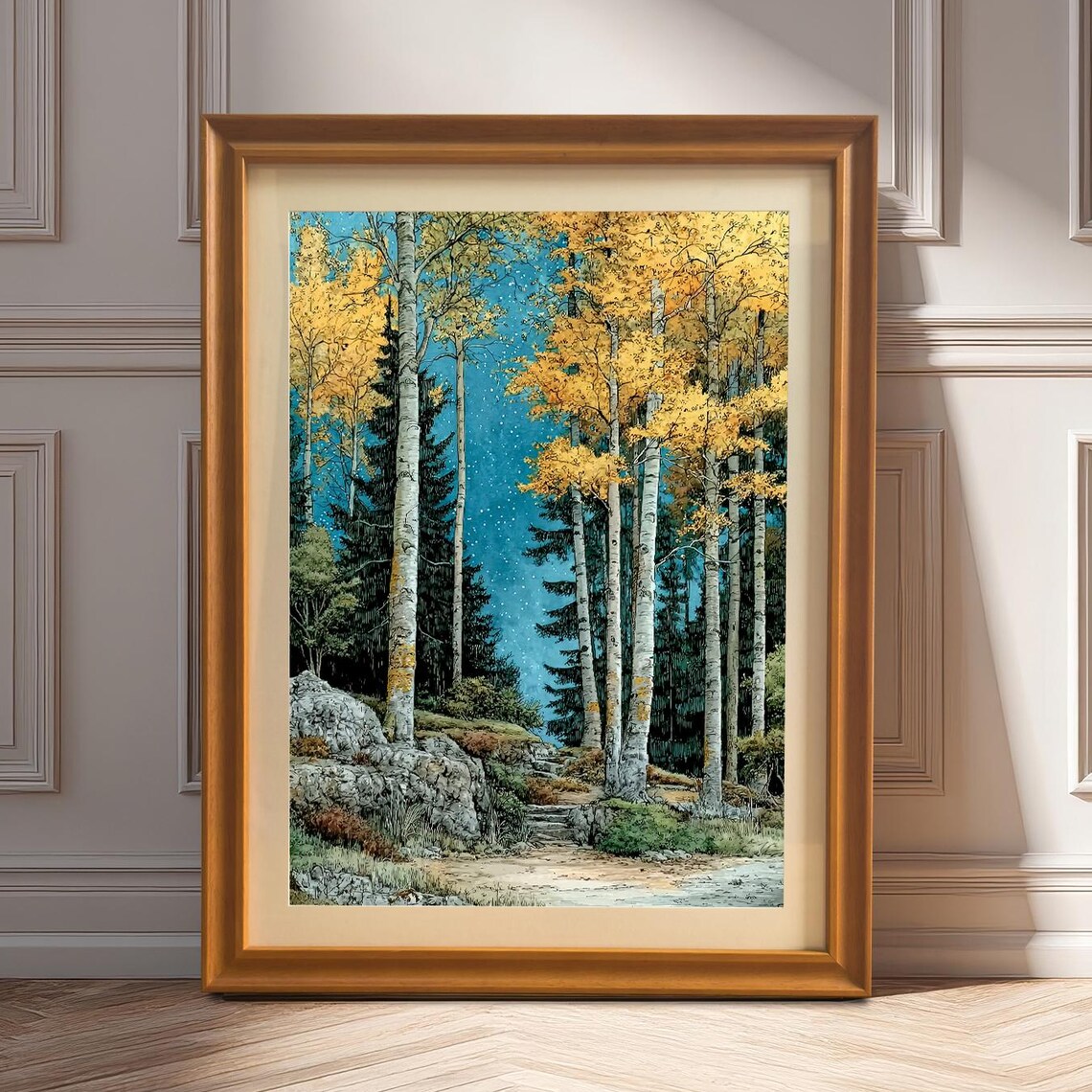 Golden Autumn Forest Art Print, Aspen Birch Trees
