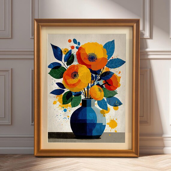 Orange Poppies in Blue Geometric Vase Stylized Floral Art Poster