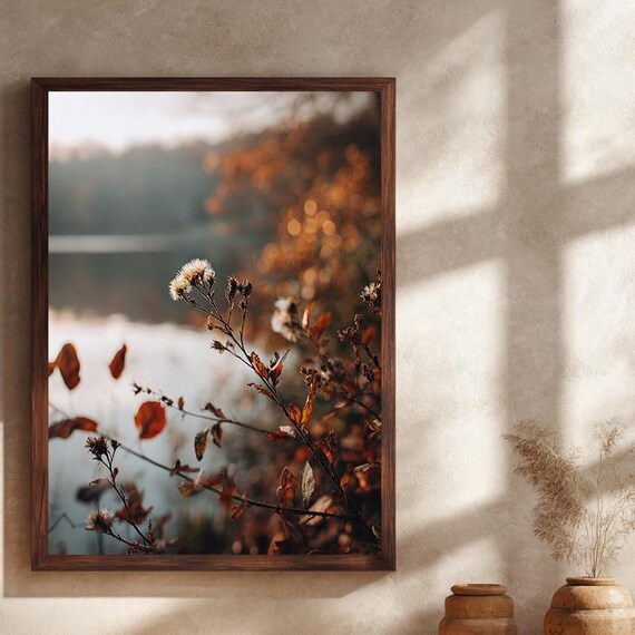 Golden Autumn Lakeside Poster with Wildflowers in Soft Light