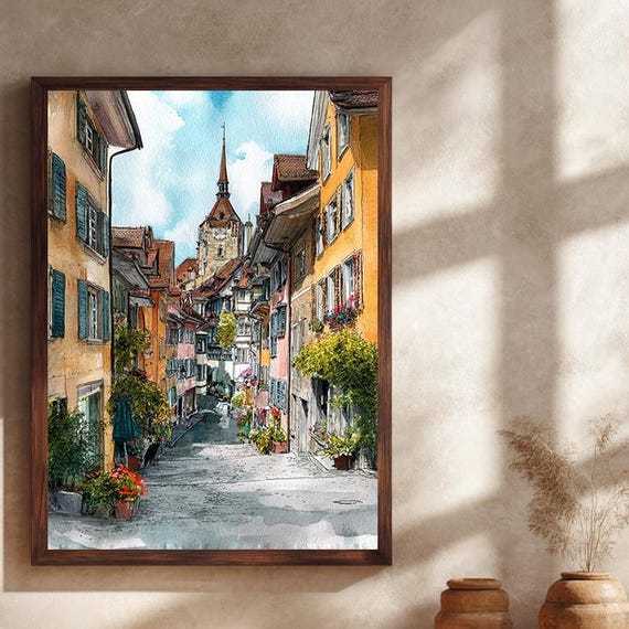European Street Watercolor Wall Art Print Colorful Old Town Illustration With Flowers And Tower For Vintage Travel Home Decor