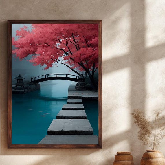 Japanese Zen Garden Bridge Poster Red Maple Tree Tranquil Pond Art