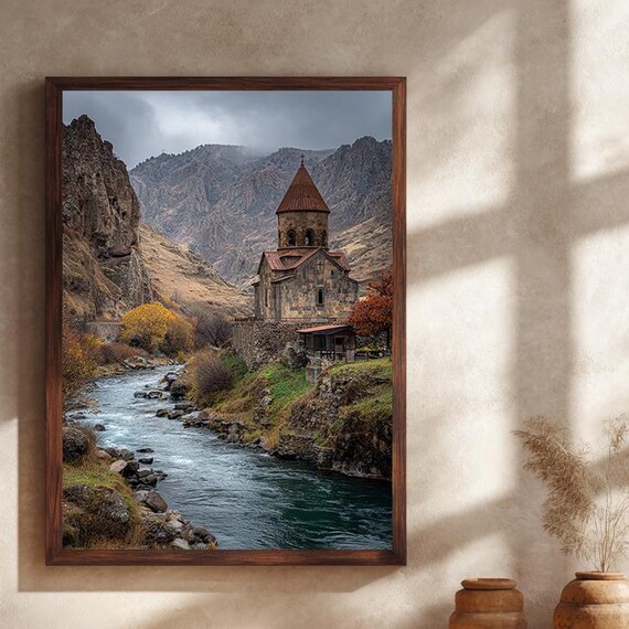 Ancient Monastery Autumn Foliage River Gorge Red Roof Church Landscape Poster