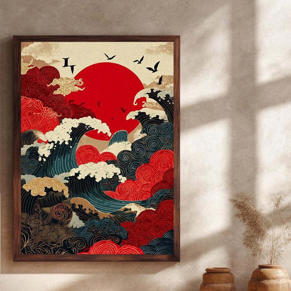 Japanese Red Sun Ocean Waves Poster Traditional Great Wave Style Art