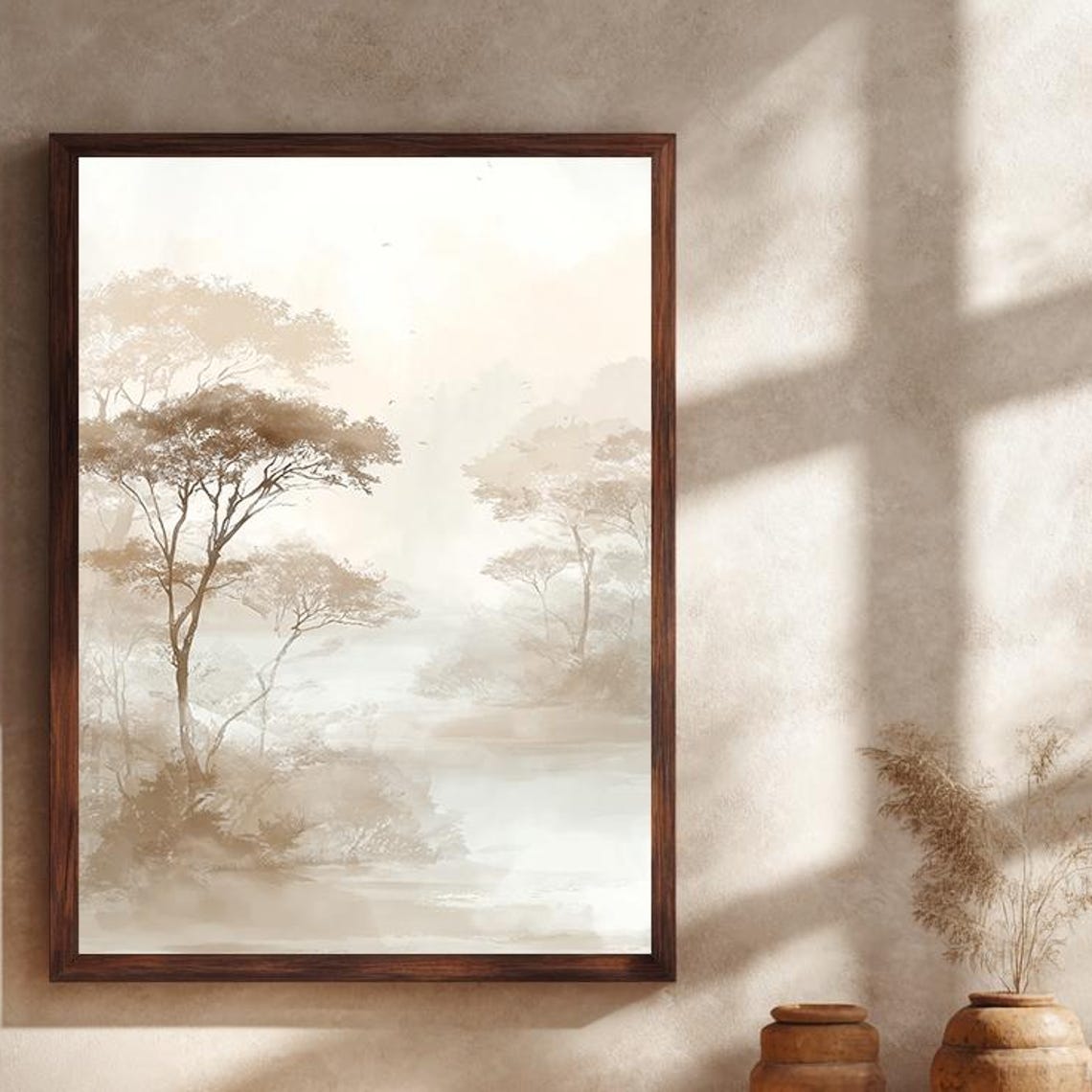 Neutral Beige Misty Watercolor Forest Minimalist Calm Wall Art