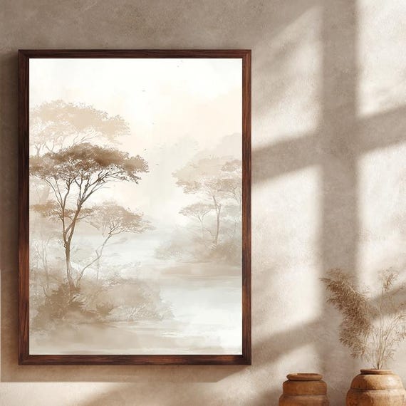 Neutral Toned Watercolor Forest Canvas Wall Art Minimalist Misty Tree Landscape Print Soft Beige Nature Artwork For Calm Home Decor