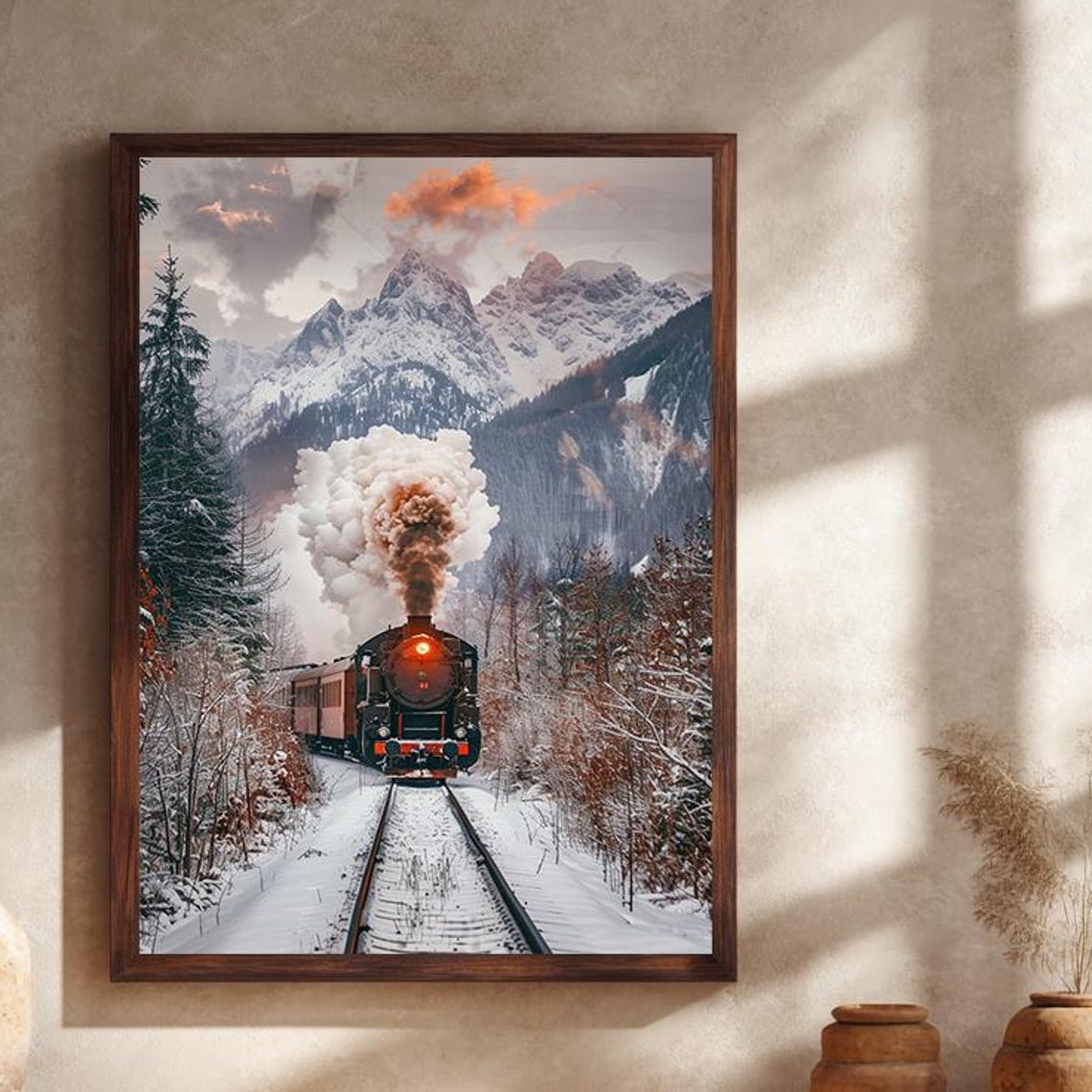 Vintage Steam Train Through Snowy Mountain Winter Landscape Poster