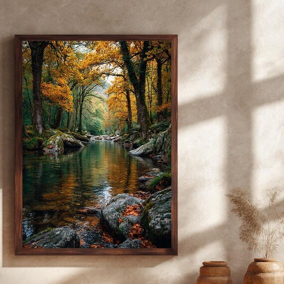 Autumn Forest River Poster Golden Leaves Reflecting in Mossy Woodland Stream