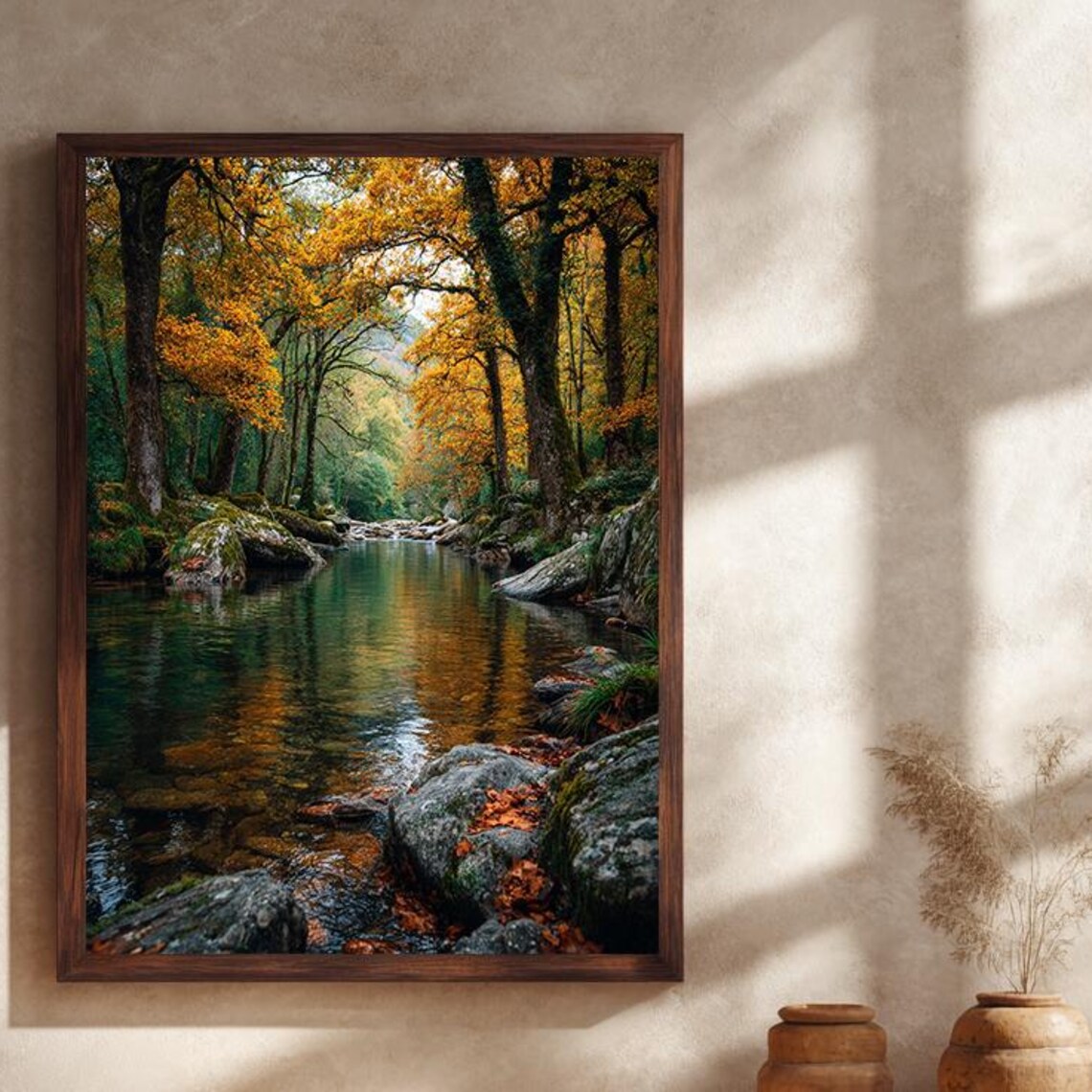 Autumn Forest River Poster Golden Leaves Reflecting in Mossy Woodland Stream