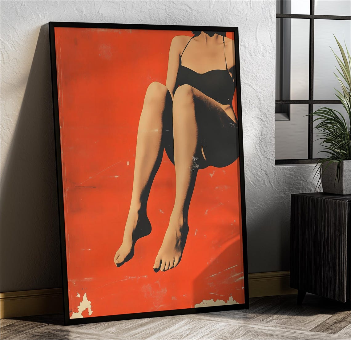 Pop Art Woman Dangling Legs Red Background Bold Vintage Poster