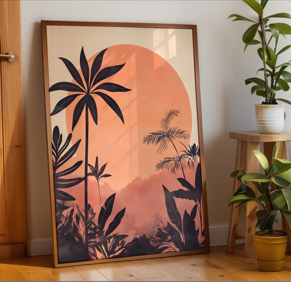 Tropical Sunset Palm Silhouette Peach Sky Jungle Landscape Poster