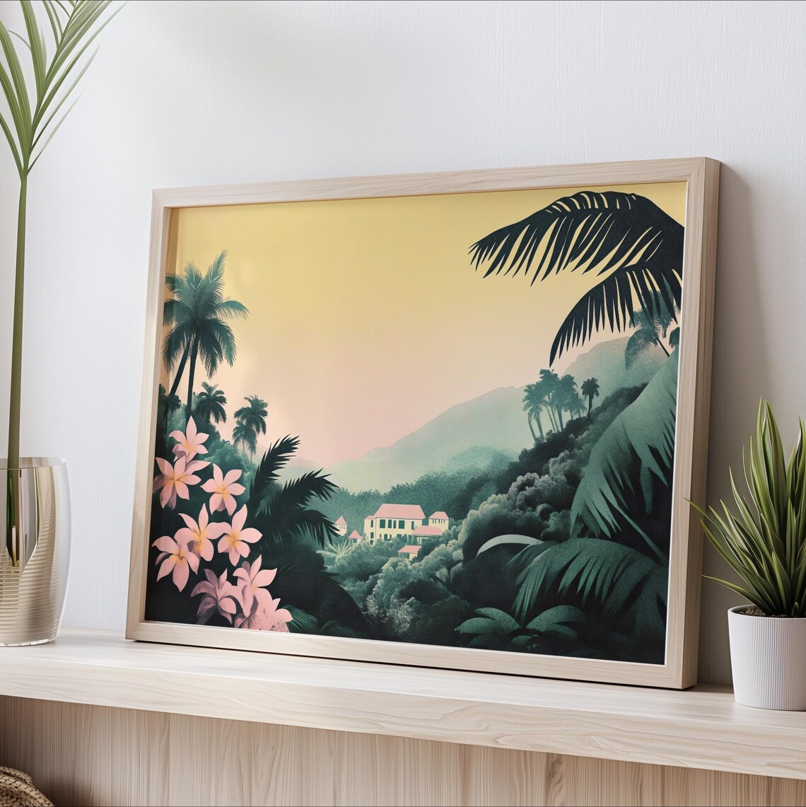 Tropical Hillside Villa Palms Golden Sunset Botanical Wall Art