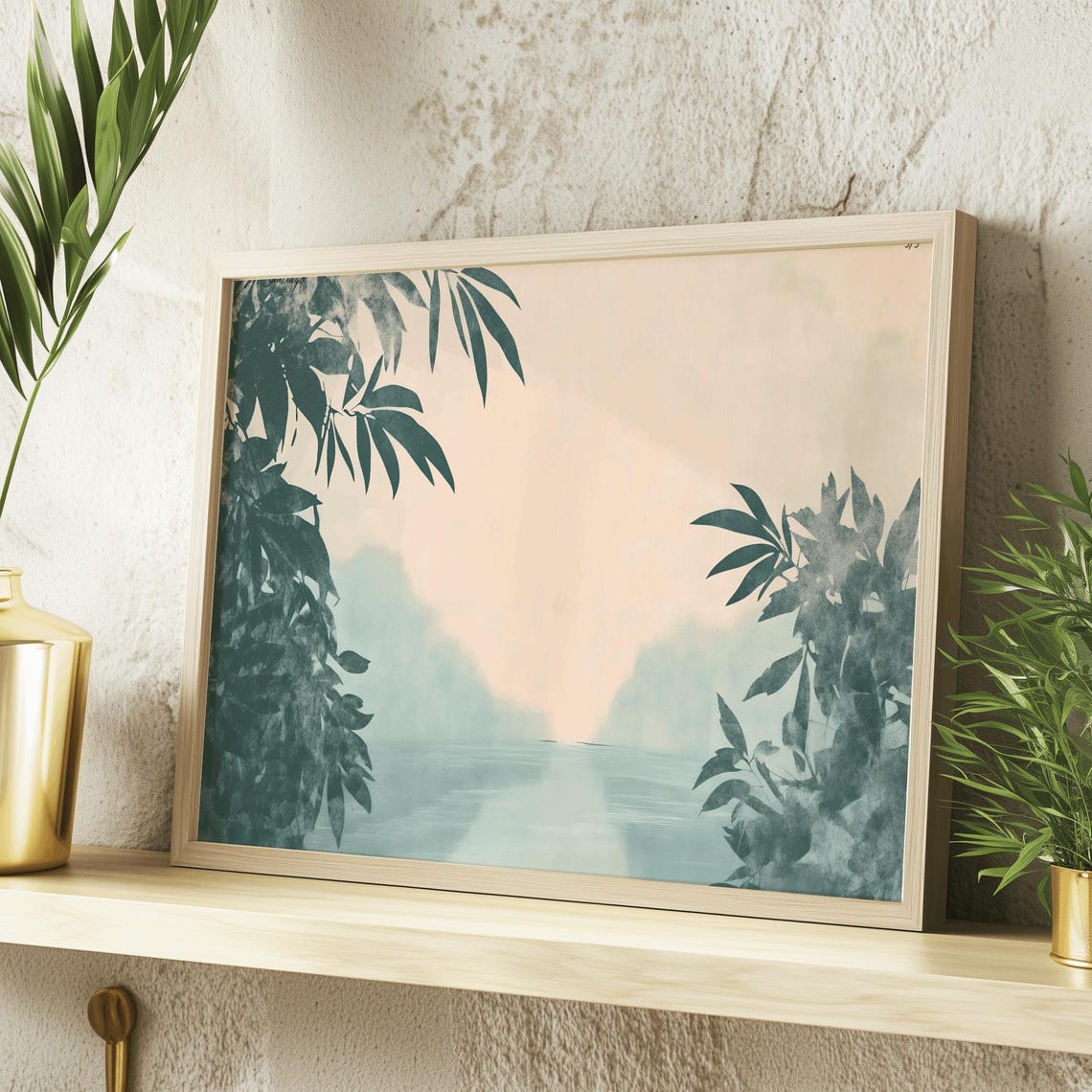 Misty Jungle River Soft Watercolor Tropical Landscape Art Poster