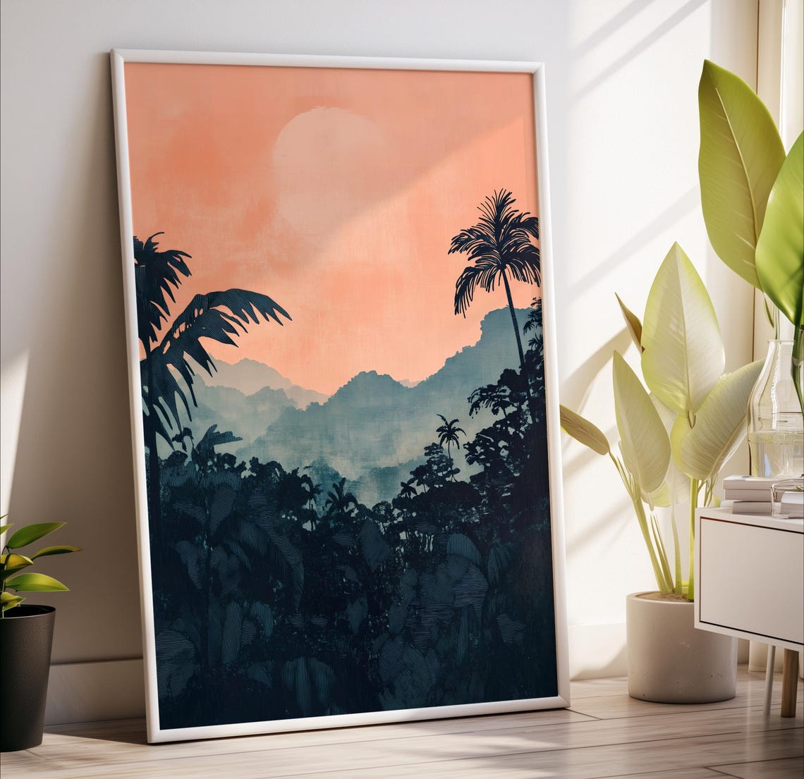 Tropical Twilight Misty Mountains Jungle Silhouette Landscape Poster