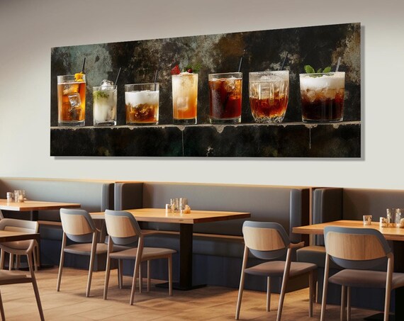 Cocktails Row Dark Bar Ledge Colorful Drinks Panoramic Wall Poster