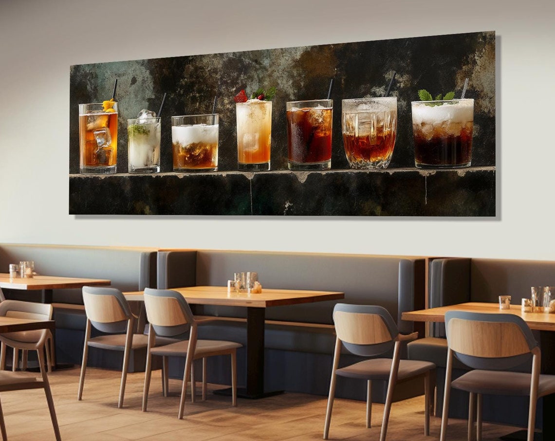 Cocktails Row Dark Bar Ledge Colorful Drinks Panoramic Wall Poster