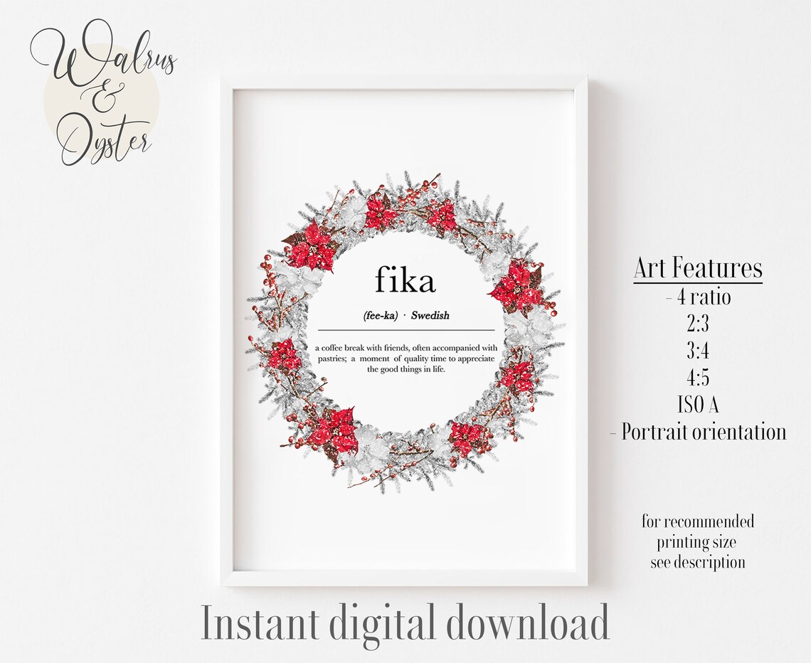 Christmas Fika Definition Art Print Red Berry Wreath Swedish Wall Decor - Image 2