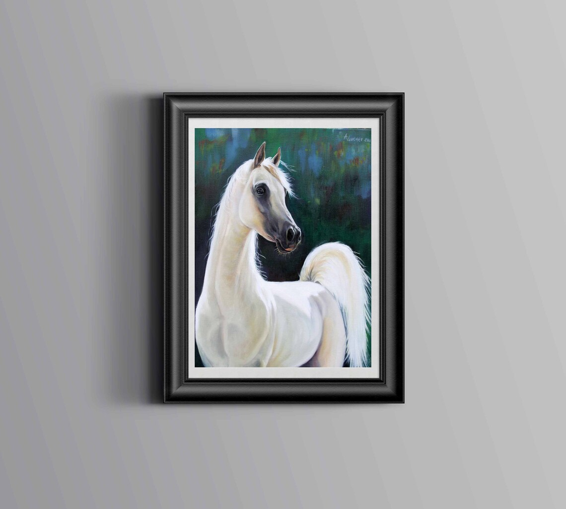 White Arabian Horse Elegant Realistic Oil Painting Equine Art Poster