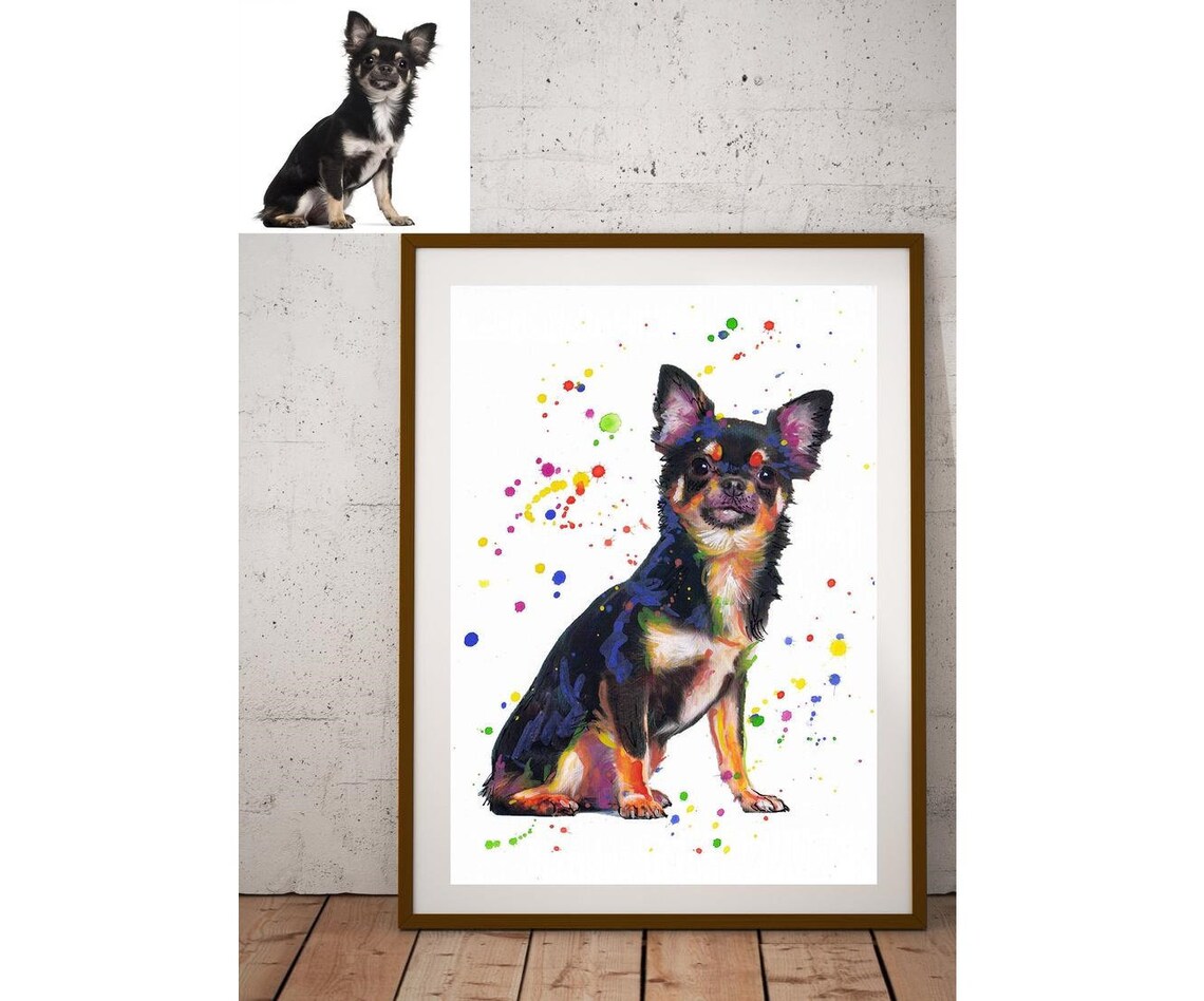 Chihuahua Watercolor Splash Colorful Black Dog Portrait Art Poster