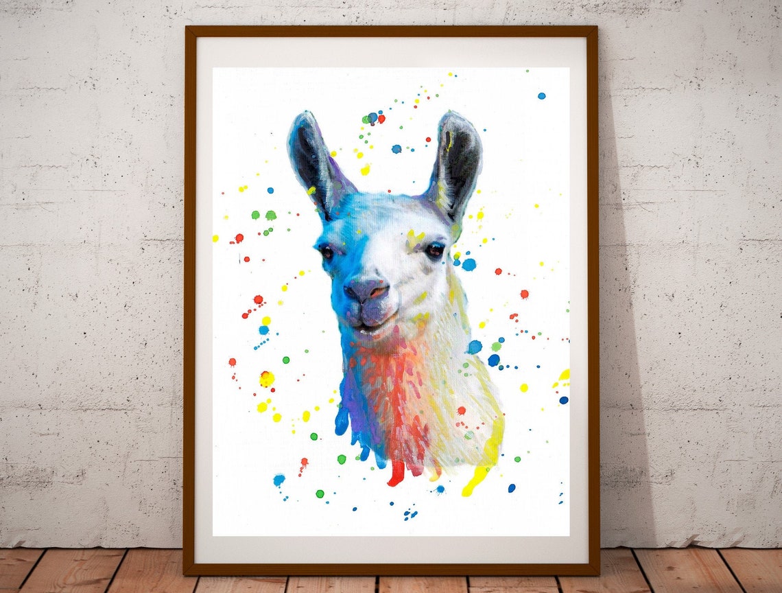 Smiling Llama Portrait Colorful Watercolor Splash Art Poster