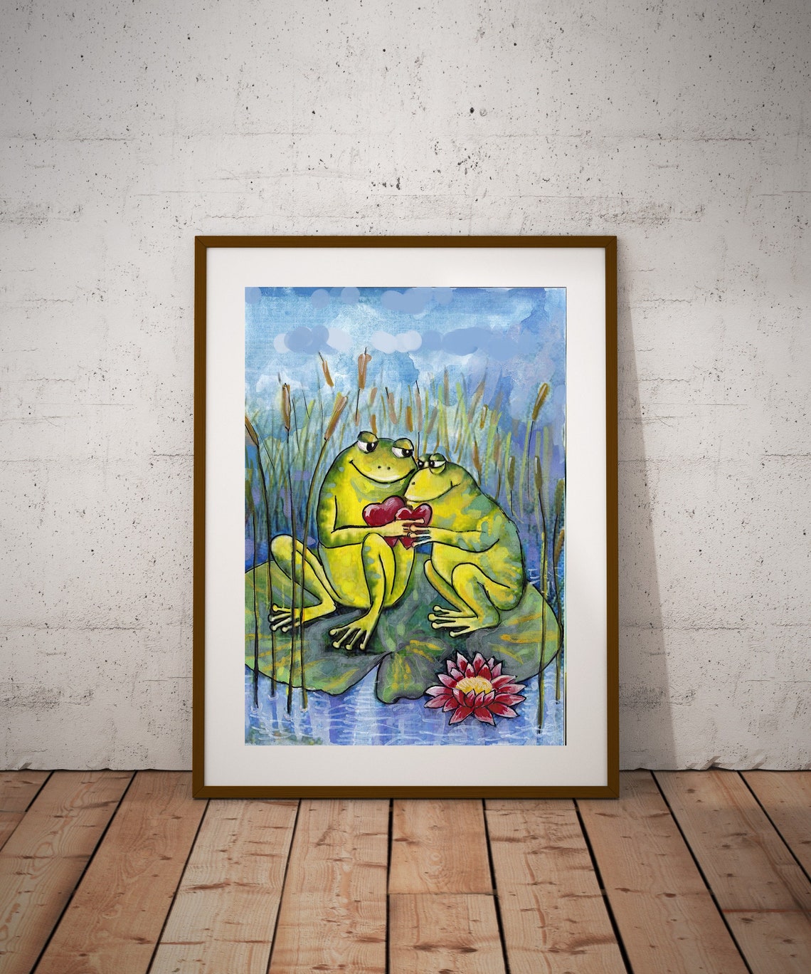 Two Frogs in Love Red Heart Lily Pad Pond Romantic Watercolor Poster