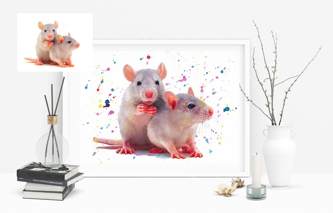 Couple Rats Custom Pet Portrait, Watercolor Art