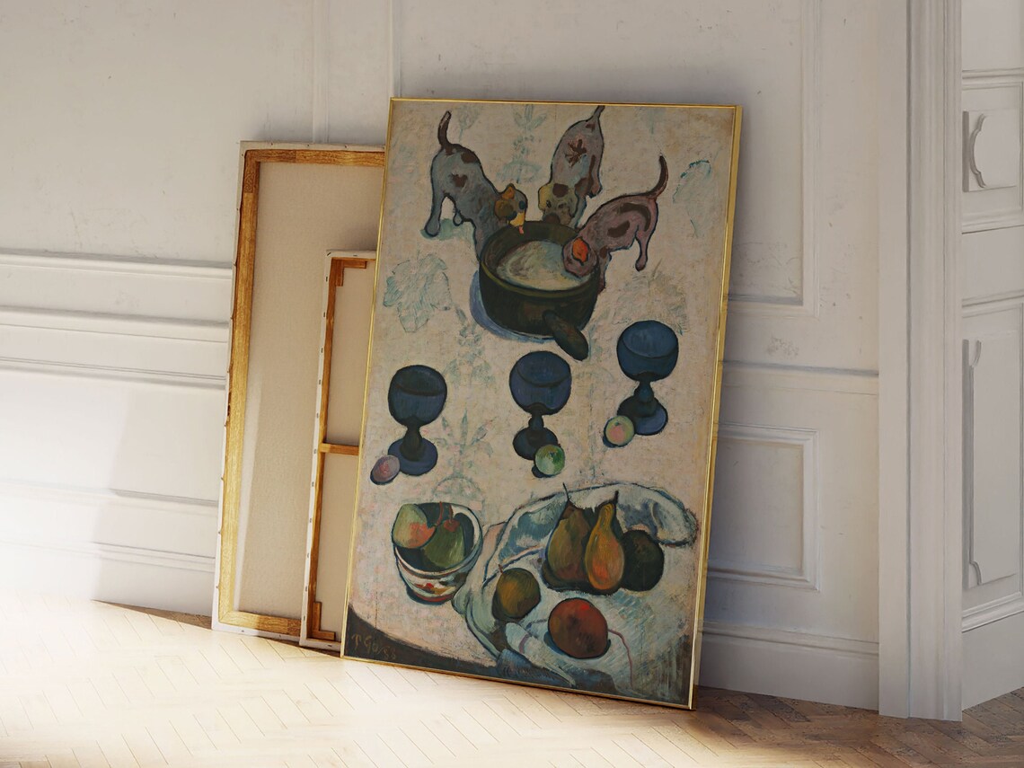 Gauguin Still Life with Three Puppies Vintage Oil Painting Art Print - Image 2