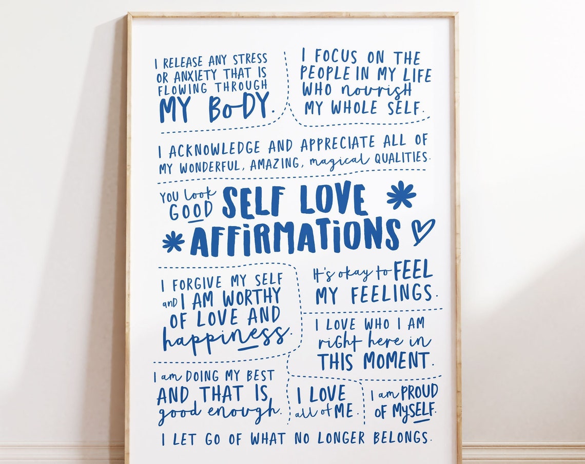 Self Love Affirmations Blue Hand Lettered Self Care Positive Poster