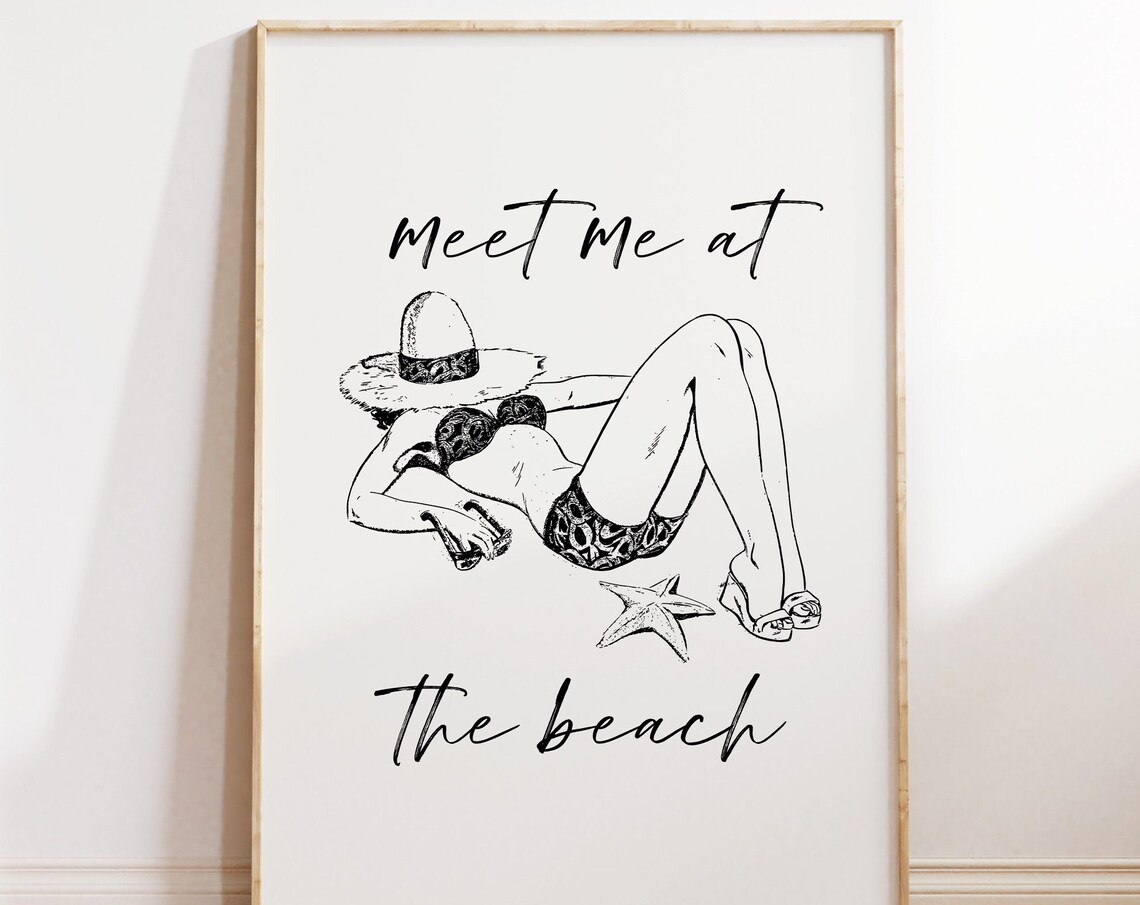 Meet Me At The Beach Sunbather Sketch Vintage Coastal Summer Poster