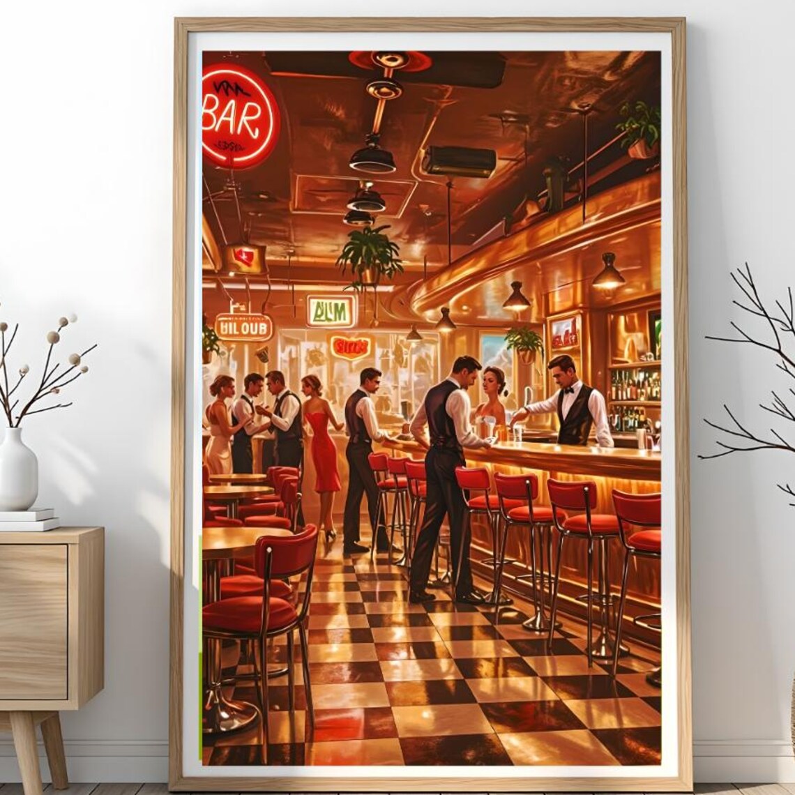 Vintage Cocktail Bar Neon Sign Bartenders Retro Nightlife Art Poster