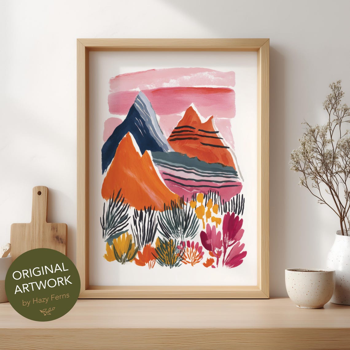 Orange Navy Abstract Mountains Pink Sky Modern Landscape Print