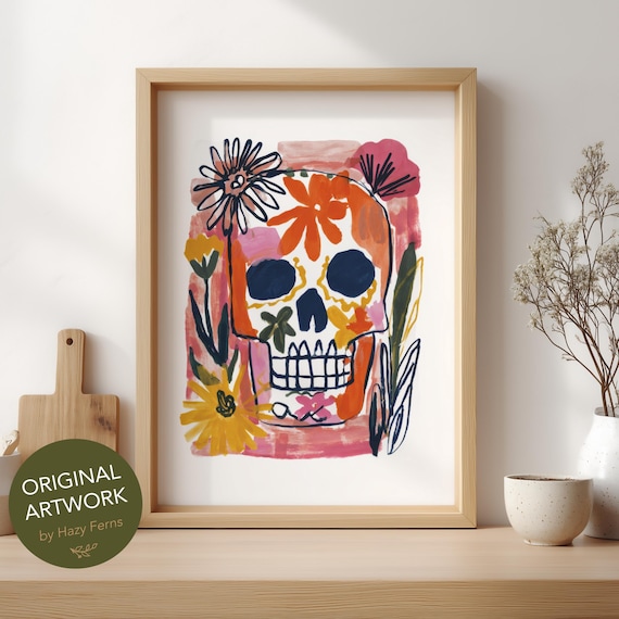 Skull Art Print Colorful Gouache Style Whimsical Floral Wall Poster 69