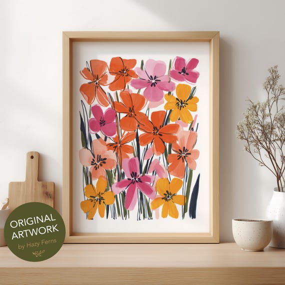 Playful Flower Field Print Colorful Gouache Style Modern Floral Poster 72