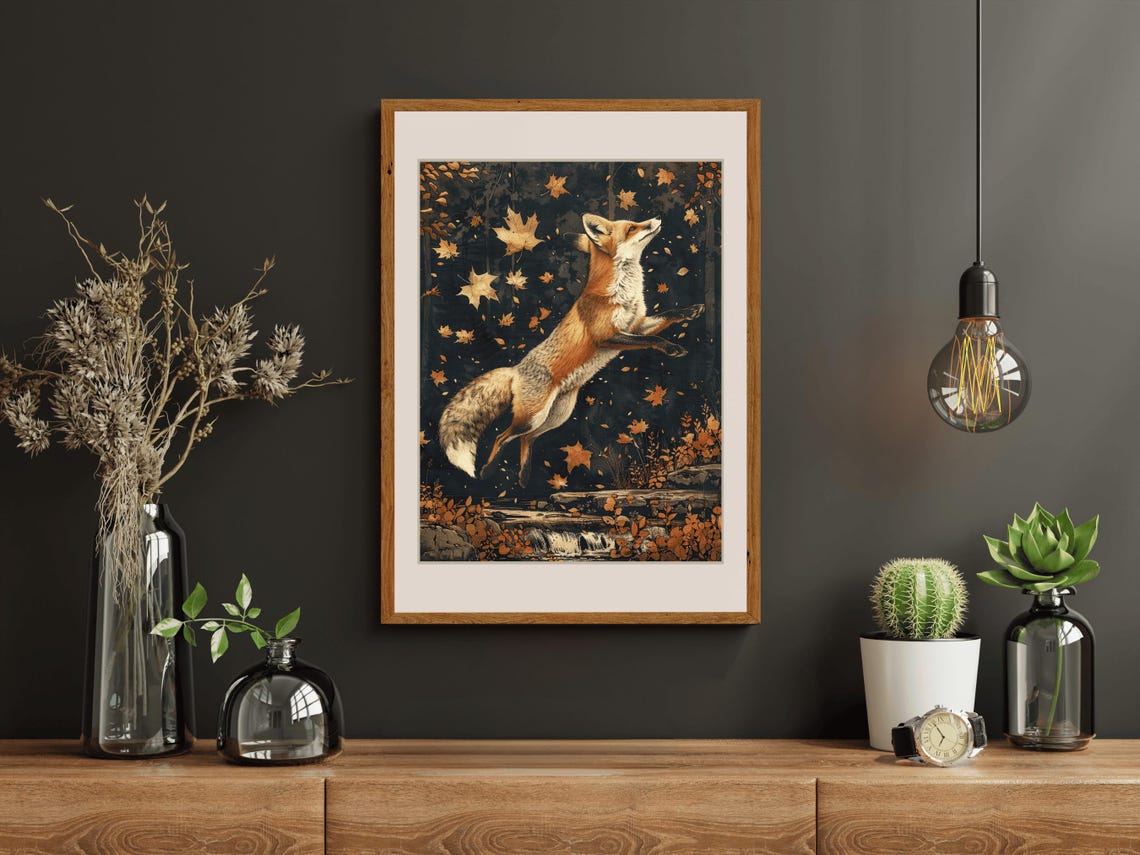Red Fox Leaping Through Falling Autumn Leaves At Night Wall Art - Image 4