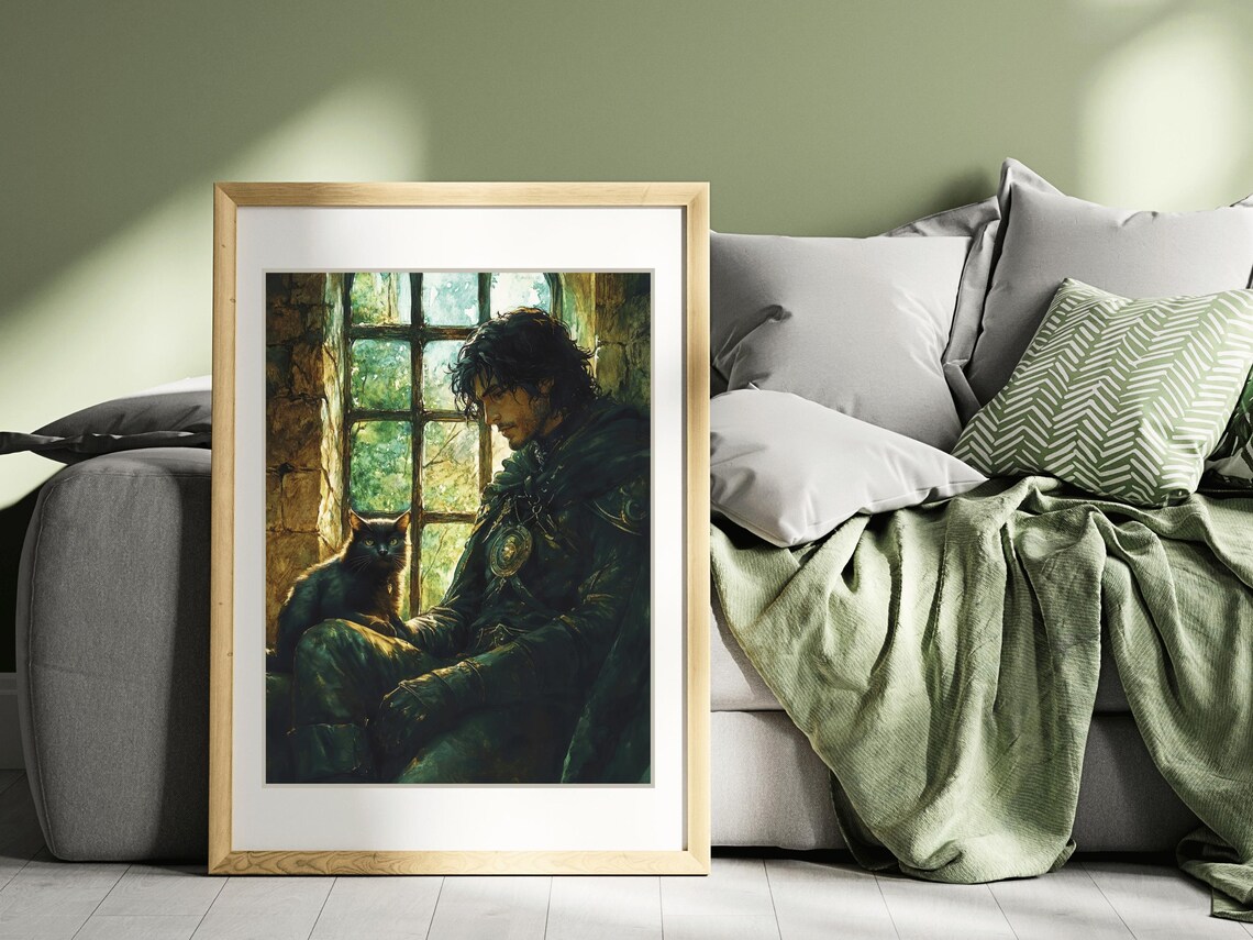 Medieval Knight With Black Cat In Castle Window Dark Academia Poster - Image 3