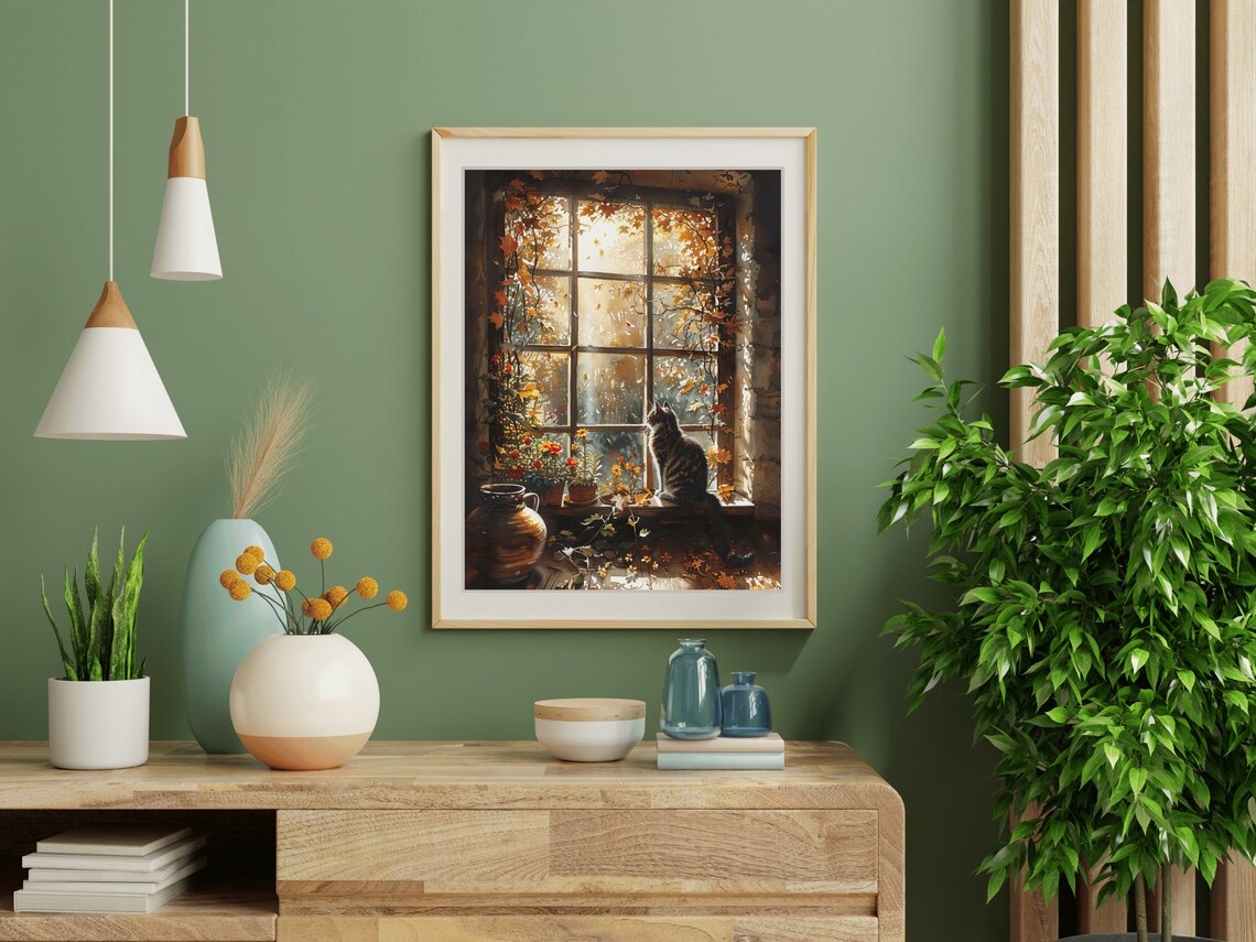 Tabby Cat Windowsill Autumn Window Sunlit Leaves Cozy Animal Painting Print - Image 4