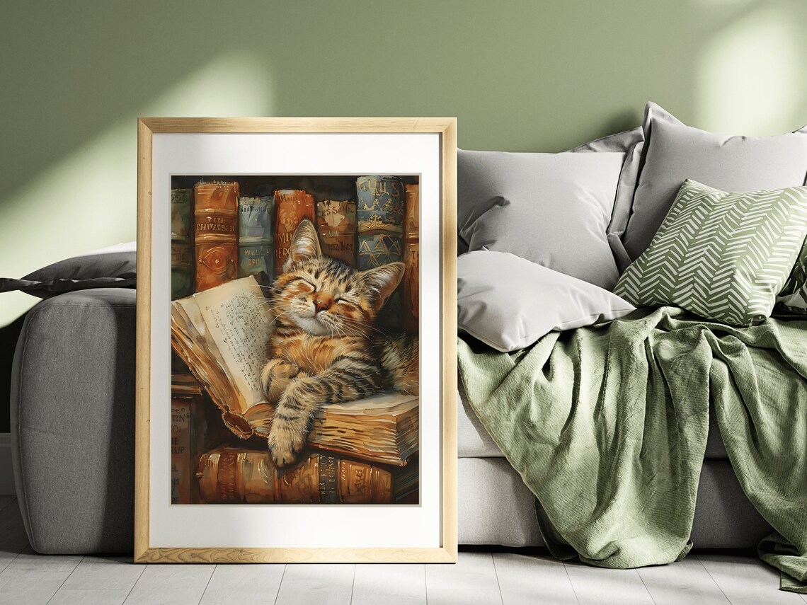 Sleepy Tabby Cat Napping On Books Library Watercolor Animal Painting Poster - Image 4