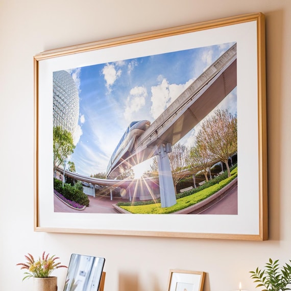 Epcot Monorail Spaceship Earth Disney Photo Sunburst Travel Poster